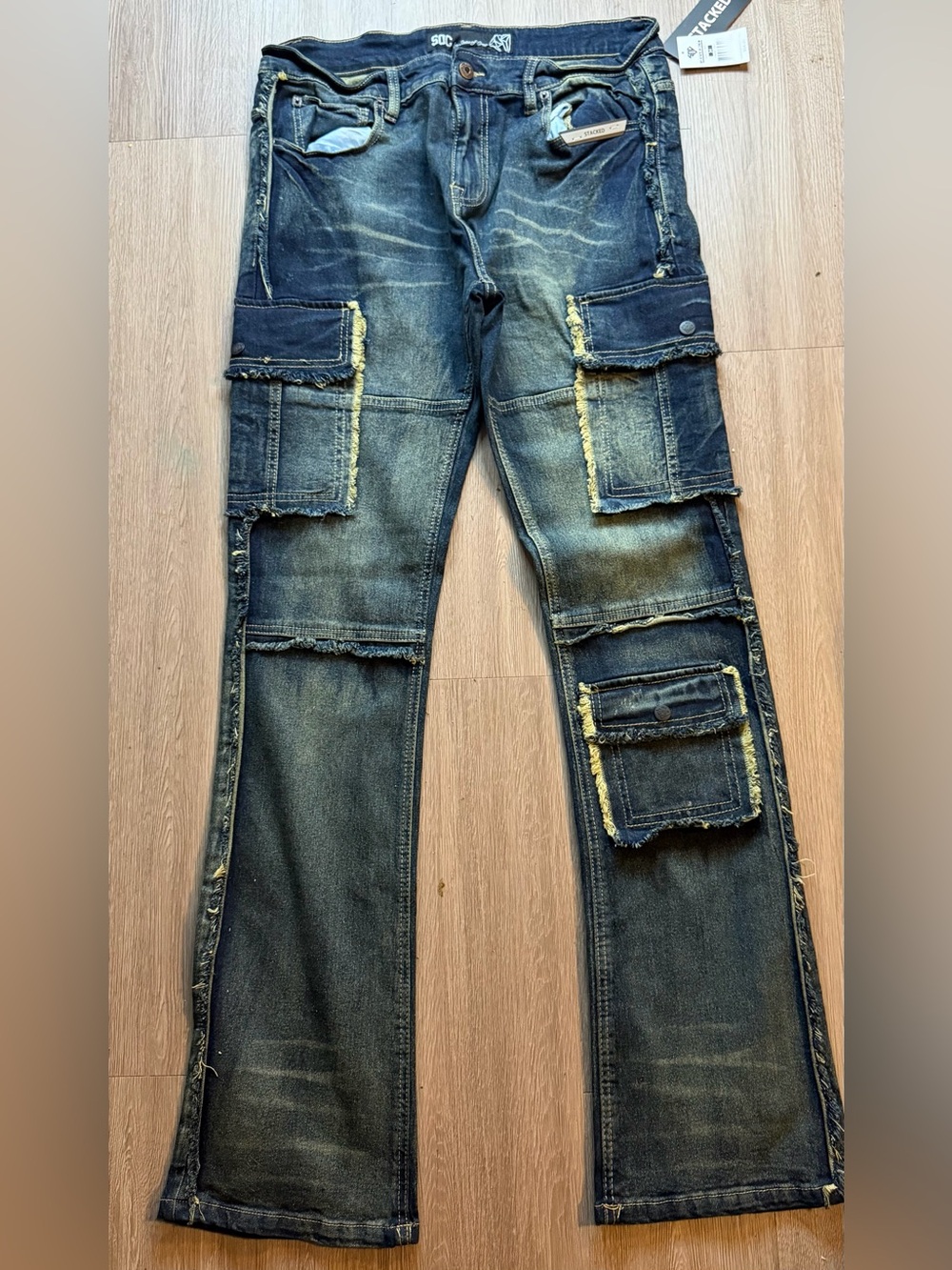 State of Crew SOC Stacked Cargo Jeans Dark Tint Size 34 NWT Frayed Streetwear